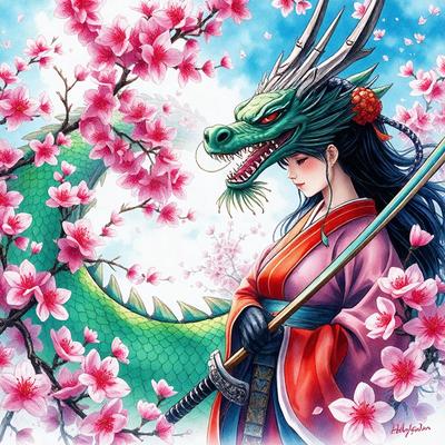 The primary subject of the image is a woman wearing a kimono, standing in front of a dragon. The dragon is green and has a long tongue. The setting is a flower-filled garden, with pink flowers surrounding the woman and the dragon. The visual style is a digital art illustration, creating a vibrant and lively atmosphere. The colors and mood of the image are predominantly pink, which adds a sense of warmth and beauty to the scene.